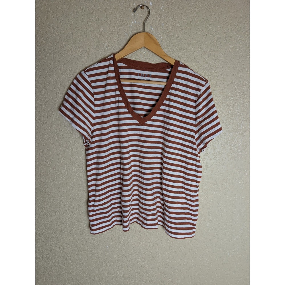 LOFT Vintage Soft XL Rust White Striped V Neck T-Shirt Coastal Casual